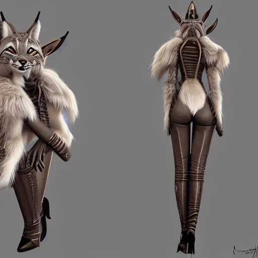 Prompt: full body of anthropomorphic lynx fursona wearing steampunk suit, from behind as a tall woman with lynx head, tail, paws, by tanidareal, irakli nadar, muggur, intricate linework, unreal engine, trending on deviantart, furry art, furaffinity, backlight, white fur, thin legs