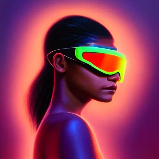 Image similar to zendaya wearing opaque reflective goggles profile picture by Greg Rutkowski, brown skin, very long hair, dune, asymmetrical, futuristic, neon volumetric lights, cool colors, streetwear, studio ghibli, Organic Painting , Matte Painting, geometric shapes, hard edges, street art, trending on the artstation, fantasy LUT, realistic by Sachin Teng + Martin Grip + Moebius, techwear, Industrial Scifi, detailed illustration, character portrait, blurred background