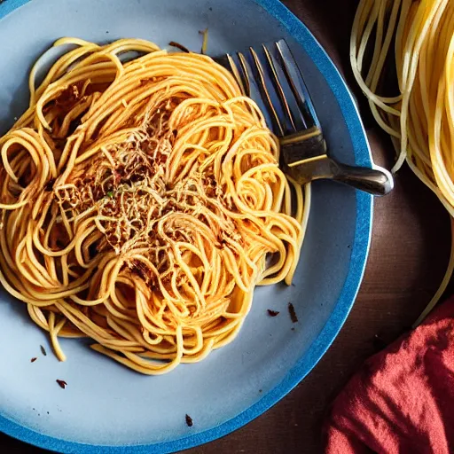 Image similar to a plate of spaghetti that is filled with whole garlic cloves, cookbook photo