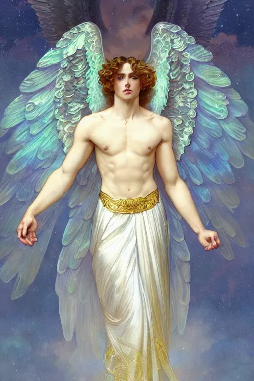 Prompt: fullbody portrait of a beautiful young fit male angel with curly blond hairs, soft smile, closed eyes, dressed in long fluent skirt, majestic symmetrical eagle wings, luminous halo, by greg rutkowski and alphonse mucha, gradient white to gold, in front of an iridescent background, highly detailed portrait, digital painting, smooth, sharp focus illustration
