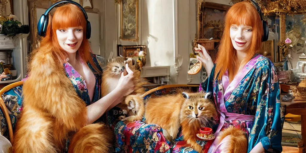 Image similar to a stunning hyper-detailed photorealistic painting of a slender beautiful smiling woman with long ginger hair and bangs, wearing a luxurious silk robe, wearing headphones and posing with her large ginger tabby cat and her raccoon and parrots in an overstuffed easy chair in her sunlit victorian living room, holding a porcelain parrot-shaped coffee mug and a donut, perfect eyes, fashion photography, cinematic lighting, octane render, IBEX Masters, unreal engine, 85 mm lens,