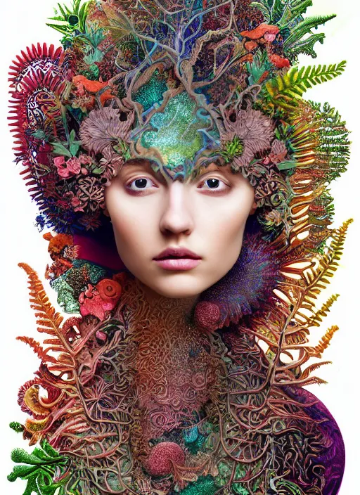 Prompt: ridiculously beautiful young womans face in full color, layers of intricate swirling fractals of 3 d fern and coral skin, blooming, portals into dimensions, coral, birds, symmetrical, in the style of ernst haeckel, effervescent, sacred geometry, surrealism, photo realistic, epic and cinematic, 3 d, clear, sharp,