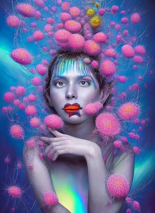 Image similar to hyper detailed 3d render like a chiariscuro Oil painting - Aurora (Singer) looking adorable and seen in dynamic pose joyfully Eating of the Strangling network of yellowcake aerochrome and milky Fruit and Her delicate Hands hold of gossamer polyp blossoms bring iridescent fungal flowers whose spores black the foolish stars to her smirking mouth by Jacek Yerka, Mariusz Lewandowski, Houdini algorithmic generative render, Abstract brush strokes, Masterpiece, Edward Hopper and James Gilleard, Zdzislaw Beksinski, Mark Ryden, Wolfgang Lettl, hints of Yayoi Kasuma, octane render, 8k