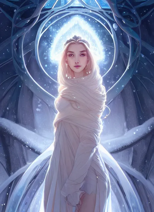 Image similar to a beautiful cinematic female winter goddess, cristal dress, ice wing, galatic shamen with quantum energy fantasy, fantasy magic, undercut hairstyle, dark light night, intricate, elegant, sharp focus, illustration, highly detailed, digital painting, concept art, matte, art by wlop and artgerm and greg rutkowski and alphonse mucha, masterpiece