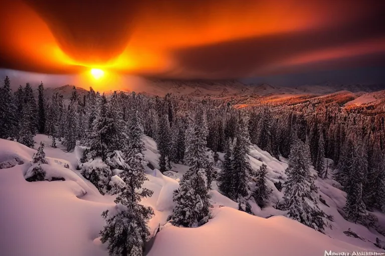 Prompt: amazing landscape photo of nuclear explosion in snowy mountains at sunset by marc adamus beautiful dramatic lighting