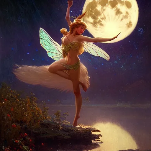 Image similar to attractive fairy magically floating high in the night, fantasy, full moon in background. highly detailed painting by gaston bussiere, craig mullins, j. c. leyendecker, mid shot, 8 k realistic, cryengine, frostbite 3 engine, sharp focus