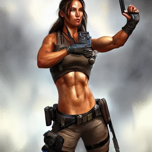 Prompt: portrait of lara croft as a female bodybuilder police officer, fantasy, intricate, elegant, highly detailed, digital painting, artstation, concept art, matte, sharp focus, illustration, art by aenaluck and roberto ferri and greg rutkowski, epic fantasy, digital painting