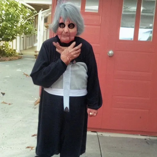 Image similar to Grandmother wearing a Jeff the Killer halloween outfit