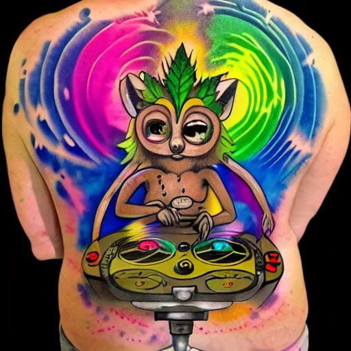 Image similar to shoulder back tattoo of a multicolored hallucinogenic cute bush baby as disc jockey with dj desk, eyes are colorful spirals, surrounded with colorful magic mushrooms and rainbowcolored marihuana leaves, insanely integrate