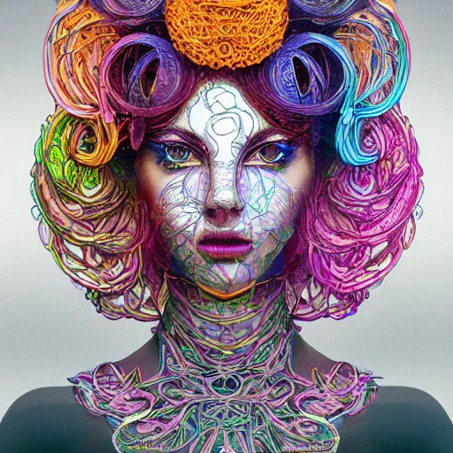 Image similar to the portrait of a ridiculously beautiful and elegant woman partially made of onion rings of all colors, an ultrafine detailed illustration by james jean, final fantasy, intricate linework, bright colors, behance contest winner, vanitas, angular, altermodern, unreal engine 5 highly rendered, global illumination, radiant light, detailed and intricate environment