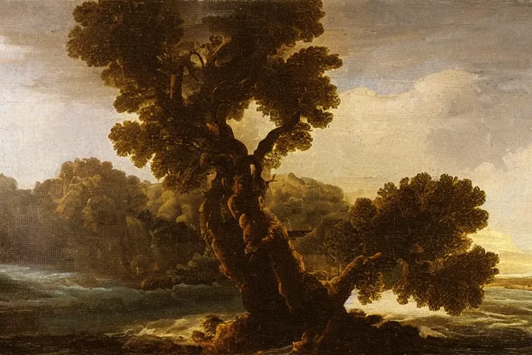 Image similar to oil painting of a old tree next to a raging river by claude lorrain