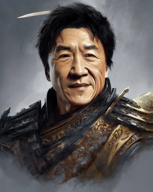 Prompt: a portrait of jackie chan in the style of a [ qin empire ] warrior!, art by greg rutkowski and artgerma, stunning! concept art, character design