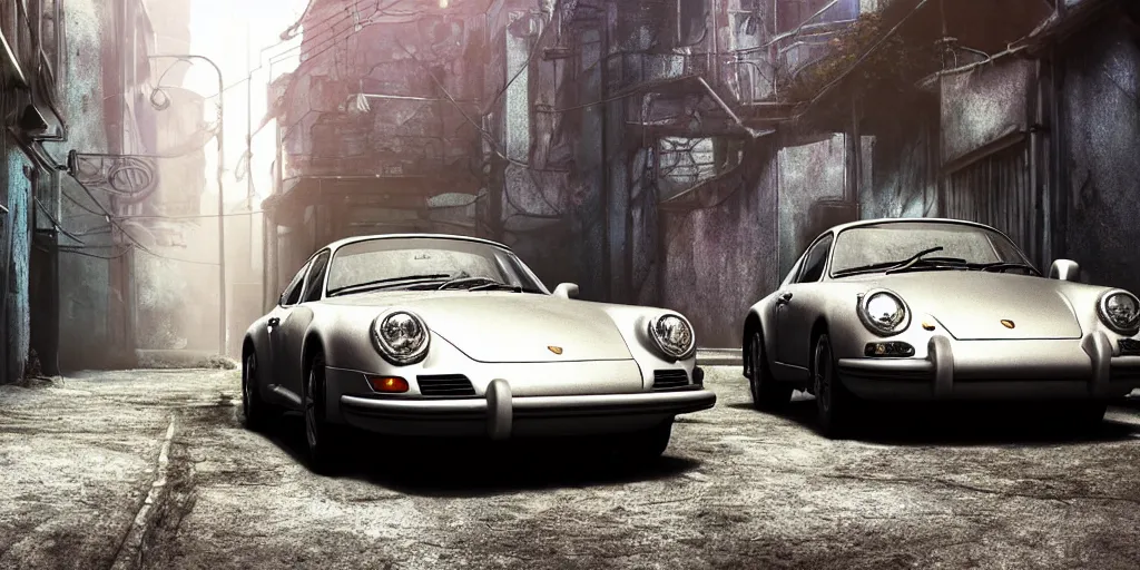 Image similar to a wholesome animation key shot of a focused old silver Porsche car parked in an abandoned alleyway, medium shot, waist up, studio Ghibli, Pixar and Disney animation, sharp, very detailed, high resolution, Rendered in Unreal Engine 5, anime key art by Greg Rutkowski, Bloom, dramatic lighting