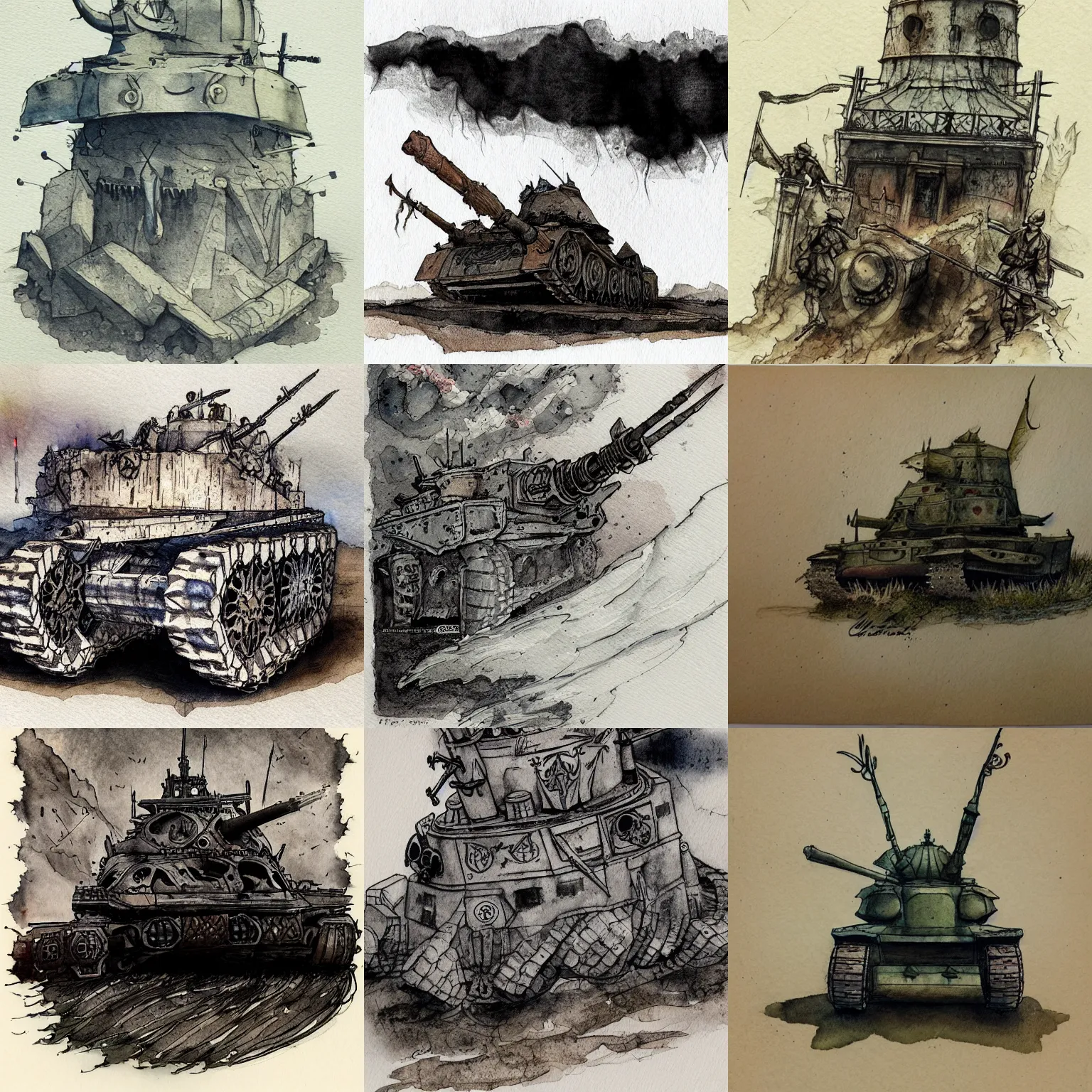 Prompt: beautiful aesthetic inspirational masterful professional ink pen and watercolor sketch of an occult mystical eerie satanic tank in ww 1 verdun, fine details, trending on artstation, high quality paper