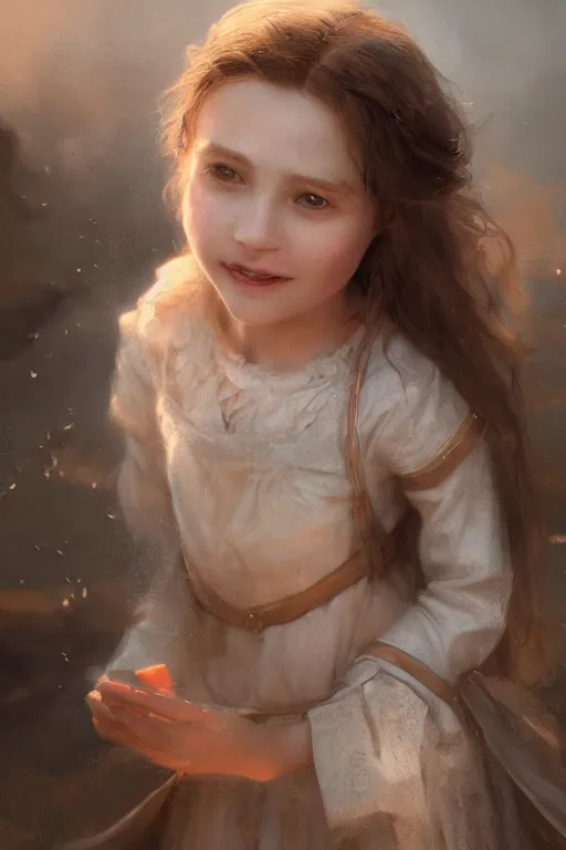 Image similar to medieval little girl, joyful, hope, dreaming, close - up portrait, intricate, elegant, volumetric lighting, scenery, digital painting, highly detailed, artstation, sharp focus, illustration, concept art, ruan jia, steve mccurry