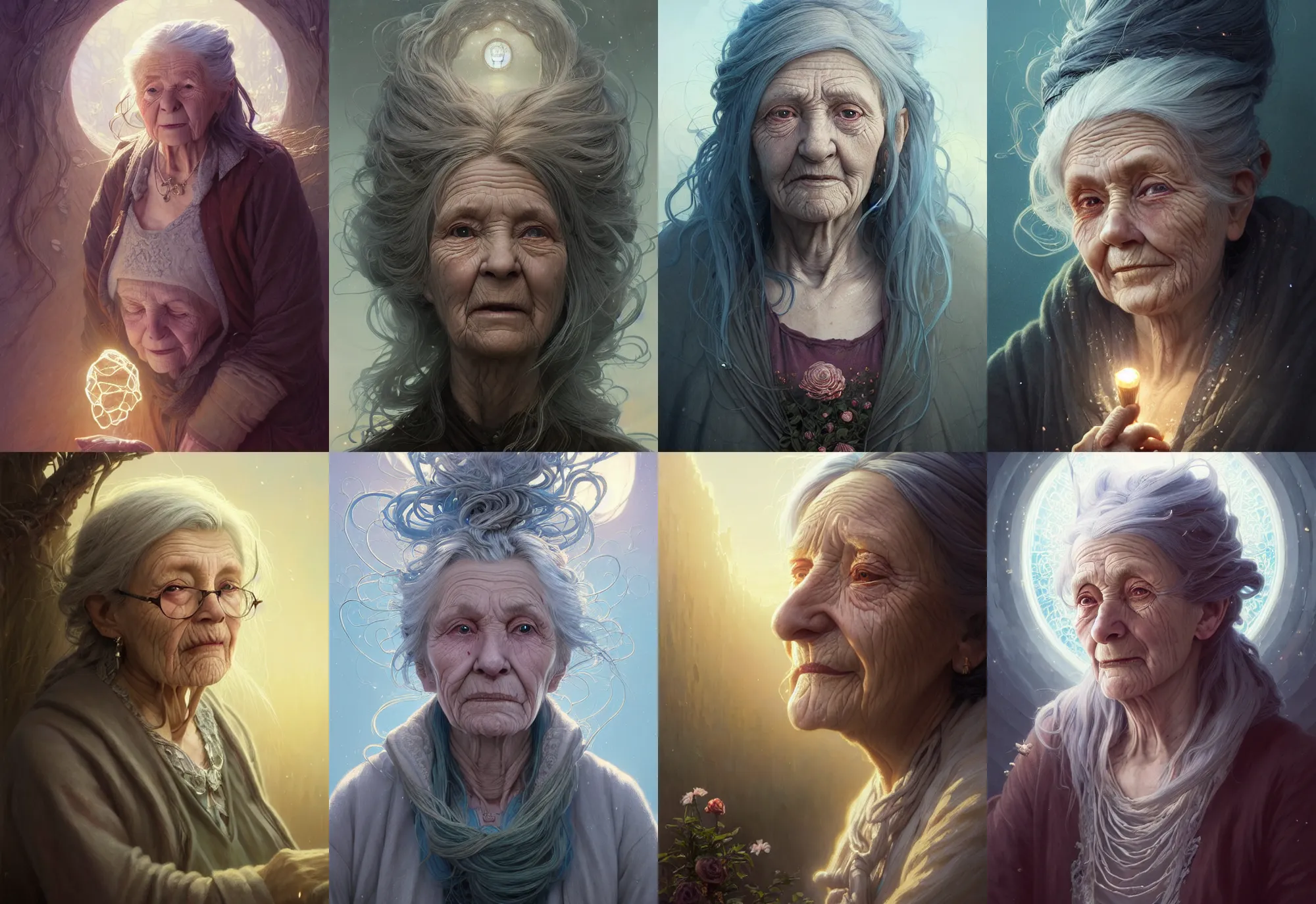 Image similar to highly detailed portrait of a very old woman with long hairs, stephen bliss, unreal engine, fantasy art by greg rutkowski, loish, rhads, ferdinand knab, makoto shinkai and lois van baarle, ilya kuvshinov, rossdraws, tom bagshaw, alphonse mucha, global illumination, radiant light, detailed and intricate environment