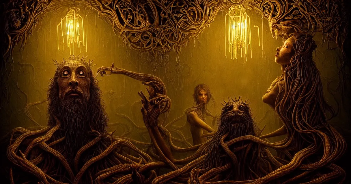 Image similar to epic professional digital art of hungry eyes eerie dim gold lighting, painted, intricate, detailed, detailed, foreboding, by leesha hannigan, wayne haag, reyna rochin, ignacio fernandez rios, mark ryden, iris van herpen, hdr, epic, stunning, gorgeous, much wow, cinematic, masterpiece