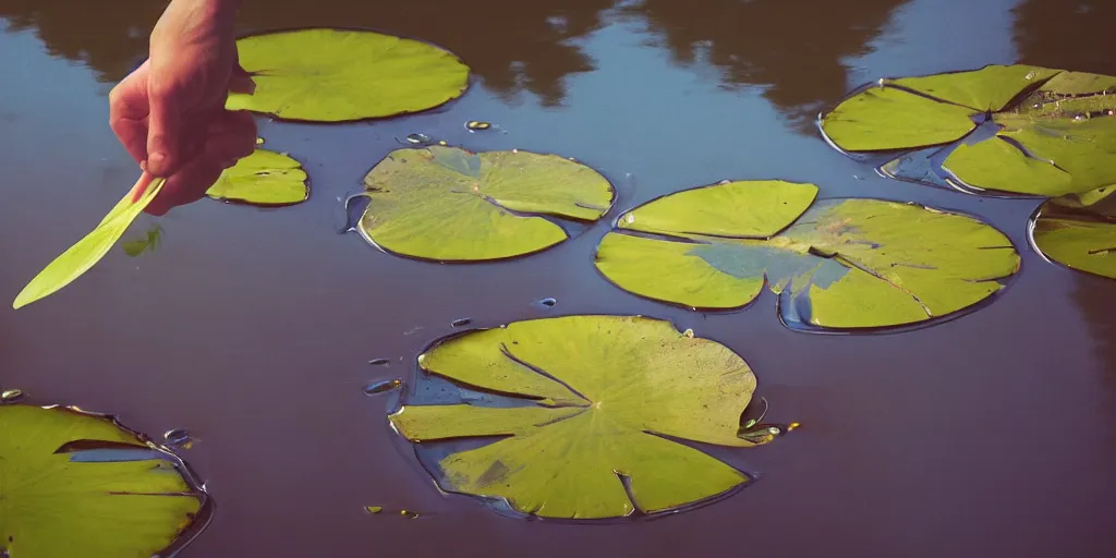 Image similar to hand holding water lily, studio shot, night dramatic lighting, blue, yellow and purple tones, wide camera angle, matte painting, trending on ArtStation, concept art, delightful surroundings, high detail, sharp contrast, ray tracing, picturesque artwork by Mike Winkelmann, artwork by Ridley Scott, 4K, 8K, super graphically realistic detailed, high definition, HDR