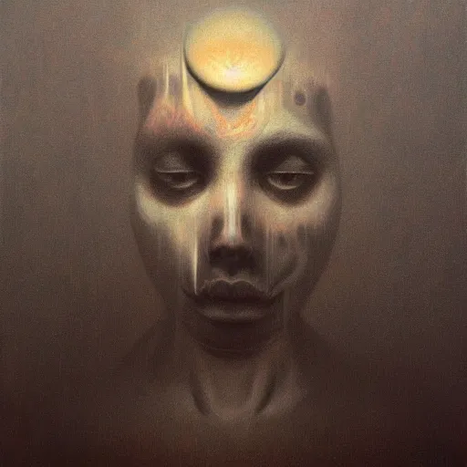 Image similar to black dramatic portrait painting of human with black mandelbrot fractal instead of face, in style of zdzisław beksinski, darkness, horror, body horror, scary,