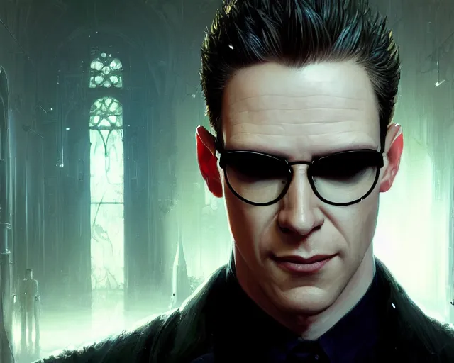 Image similar to highly detailed portrait of albert wesker, in the matrix, stephen bliss, unreal engine, fantasy art by greg rutkowski, loish, rhads, ferdinand knab, makoto shinkai and lois van baarle, ilya kuvshinov, rossdraws, tom bagshaw, global illumination, radiant light, detailed and intricate environment