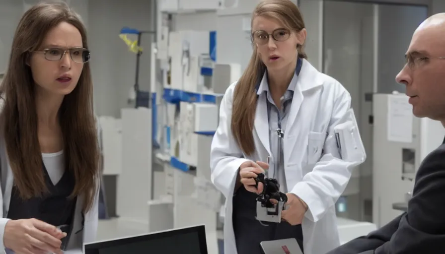 Image similar to big budget action movie about female scientist confronts male ceo about robot photographs