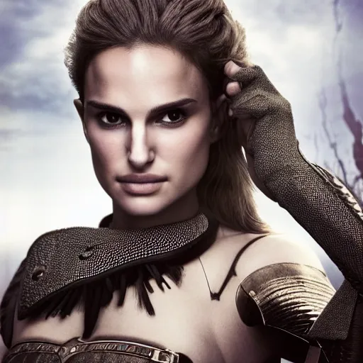 Prompt: head and shoulders portrait of a female knight, young natalie portman, steampunk, silken blonde hair, armored, athletic, vogue fashion photo