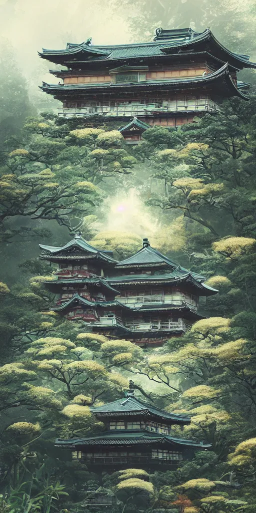 Image similar to japanese style palace on a mountain overgrown by glowing mushrooms, hyper realistic, lush gnarly plants, 8 k, denoised, by greg rutkowski, tom bagshaw, james gurney cinematic lighting