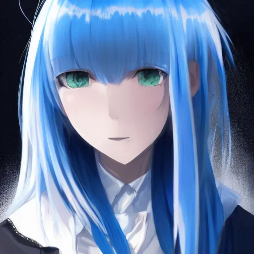 Image similar to full shot of rimuru tempest, sky blue straight hair, long bangs, with amber eyes, wearing a fancy black jacket, high collar, ultra detailed, brush strokes, digital painting, cinematic, wlop artstation, closeup, pixiv, intense, intimidating glare, photorealistic, overpowering, makoto shinkai, rossdraws, andy warhol,