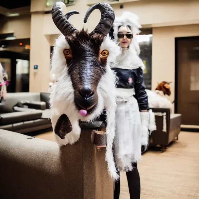 Prompt: a person wearing a fursuit of a goat fursona, fursona, furry convention, hotel lobby, indoors, photograph, furry fandom, photorealistic,
