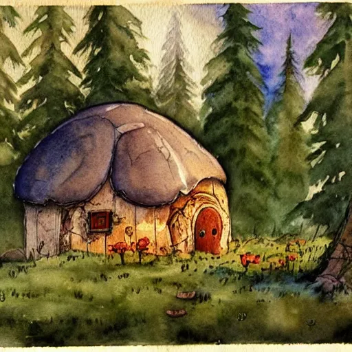 Image similar to vintage watercolor painting of a mushroom house in a magical forest grove, trending on artstation