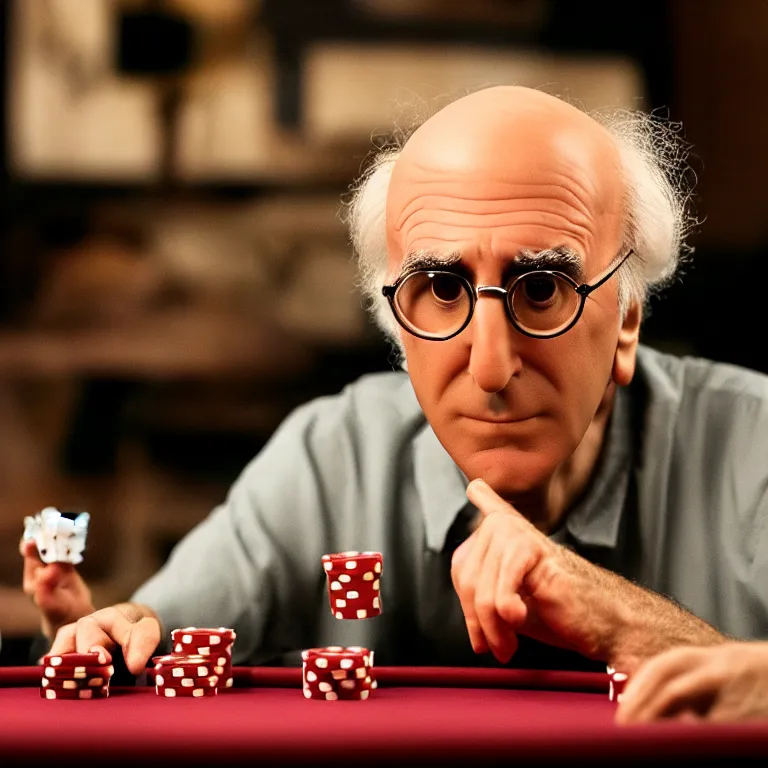 Prompt: a cinematic film still of a claymation stop motion film starring larry david playing poker, portrait, shallow depth of field, 8 0 mm, f 1. 8