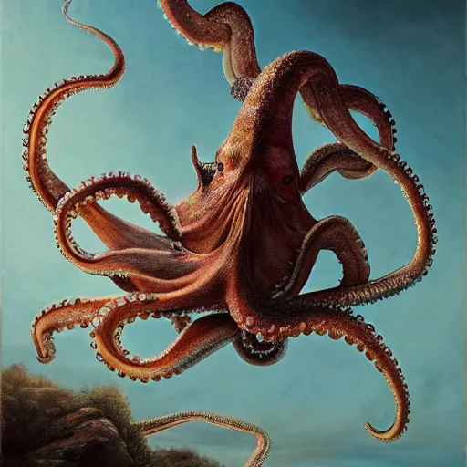 Prompt: an octopus leaving the nest to fly for the first time, oil on canvas, portrait, intricate, 8k highly professionally detailed, HDR, CGsociety