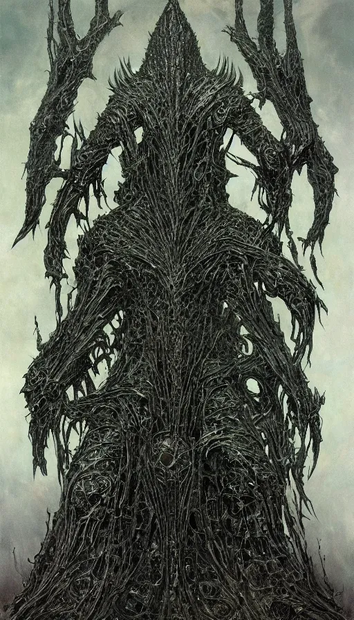 Image similar to Lord of the Rings themed painting of symmetrical torso black and emerald Ringwraith Nazgul armor with extended evil armored hands concept, intricate artwork by H.R. Giger, Johnatan Wayshak, Zdizslaw Beksinski, Ayami Kojima, Amano, Karol Bak, Moebius, and Mark Brooks, Neo-Gothic, gothic, rich deep colors, art by Takato Yamamoto, masterpiece, face by Artgerm, very coherent artwork, cinematic, hyper realism, high detail, octane render, unreal engine, 8k, High contrast, golden ratio, trending on cgsociety