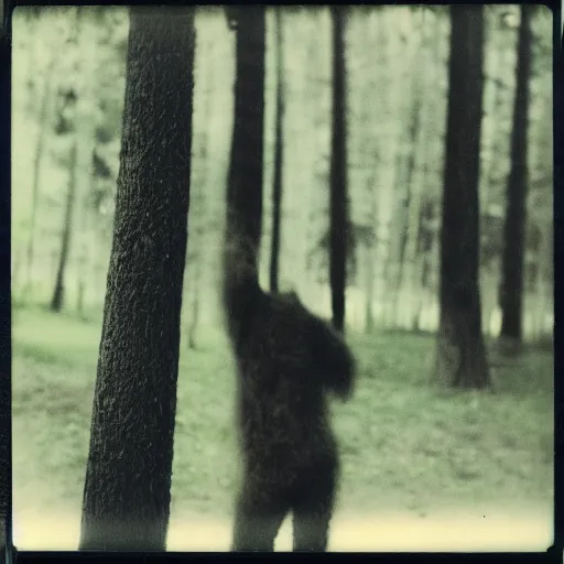 Image similar to Polaroid photo of a tall bipedal creature peering out from behind a tree