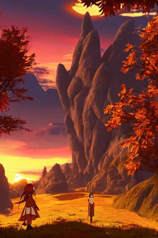 Image similar to fiery autumn twilight with the sun very close to the edge of the mountain, open - world aaa game, isekai fantasy light novel, screenshot