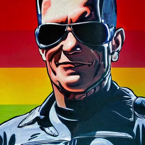 Image similar to a portrait of the terminator smiling as benjamin netanyahu, positive colors, warm