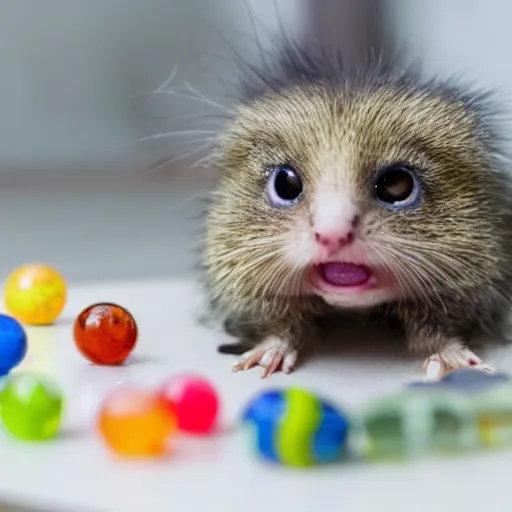 Image similar to a miserable little creature eating a bowl of marbles