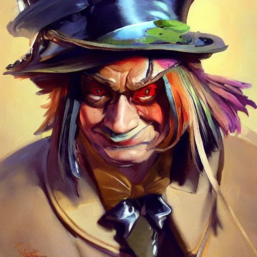 Image similar to greg manchess portrait painting of partially armored mad hatter from alice in wonderland as overwatch character, wacky, medium shot, asymmetrical, profile picture, organic painting, sunny day, matte painting, bold shapes, hard edges, street art, trending on artstation, by huang guangjian and gil elvgren and jesper ejsing