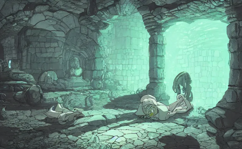 Prompt: a cthulu monster sleeping in a ancient stone room, crystal lights, resident evil, sci - fi atmosphere, cel - shading, cinematic, artstation, studio ghibli, miyazaki, highly details