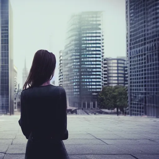 Image similar to woman, city, looking down, street top view, 3 d render