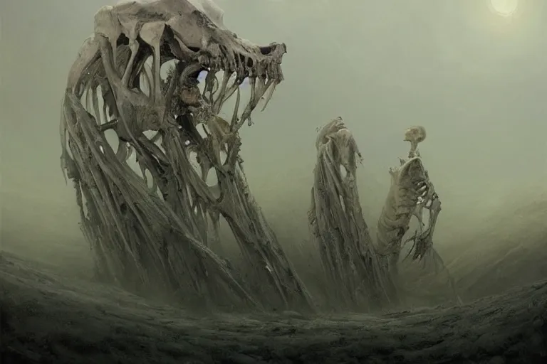 Image similar to prophecy, amazing concept painting by Jessica Rossier and HR giger and Beksinski, the middle of a valley, it was full of bones, bones that were very dry, there was a noise, a rattling sound, and the bones came together, bone to bone , I looked, and tendons and flesh appeared on them and skin covered them, but there was no breath in them and breath entered them, they came to life and stood up on their feet a vast army