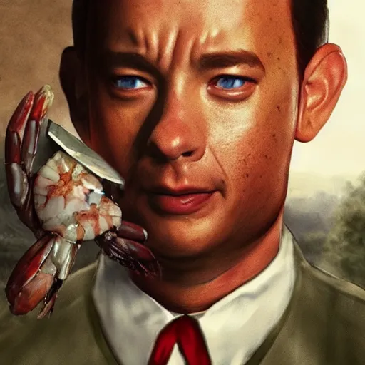 Image similar to tom hanks as forrest gump wears a giant shrimp around the neck, photorealistic, cgsociety, artstation