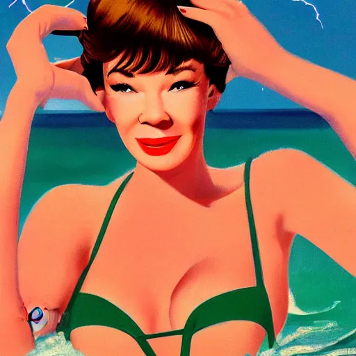 Image similar to !dream a very beautiful Playboy Magazine illustration of Shirley Maclaine in 1959, full body, short red hair, bangs haircut, green watery eyes, full round face, short smile, pale pink bikini, serene beach setting, cinematic lightning, medium shot, mid-shot, highly detailed, trending on artstation, Unreal Engine 4k, cinematic wallpaper by Rudolph Belarski, Gil Elvgren, Robert Maguire, Mort Kunstler, Andrei Riabovitchev, Marc Simonetti, and Sakimichan