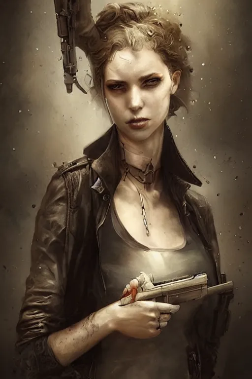 Image similar to a woman with a gun in her hand, a character portrait by Bastien Lecouffe-Deharme, cgsociety contest winner, gothic art, gothic, apocalypse art, steampunk