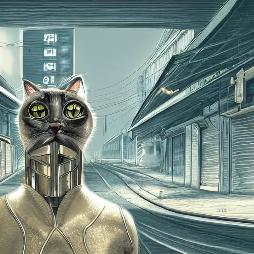 Prompt: gold and silver tones, cybernetic cat in a deserted town, style of moebius, james jean, rutkowski, cinematic, high detail, award winning, 8 k photorealistic