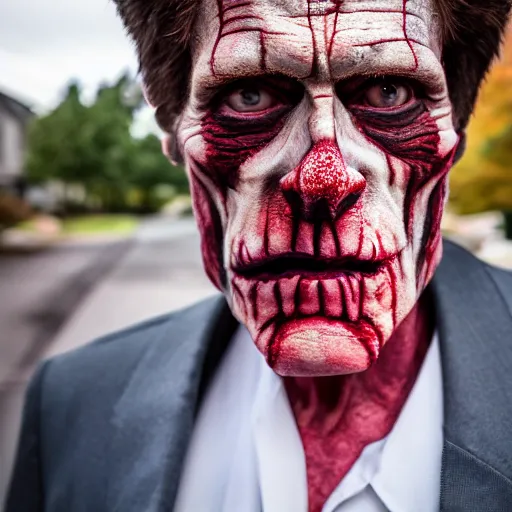 Image similar to willem dafoe trick or treating on halloween, ( sony a 7 r iv, symmetric balance, polarizing filter, photolab, lightroom, 4 k, dolby vision, photography awardm, voque, perfect face )