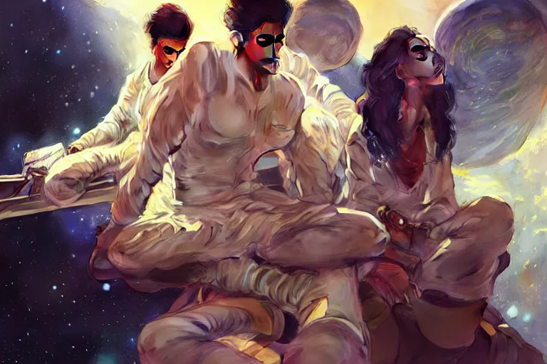 Image similar to Sensuous good looking pale young Indian doctors wearing jeans in a space station above Earth, portrait, elegant, intricate, digital painting, artstation, concept art, smooth, sharp focus, illustration, art by artgerm and greg rutkowski and alphonse mucha