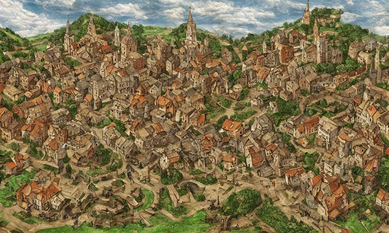 Prompt: beautiful medieval village diorama, high detailed drawing, digital art