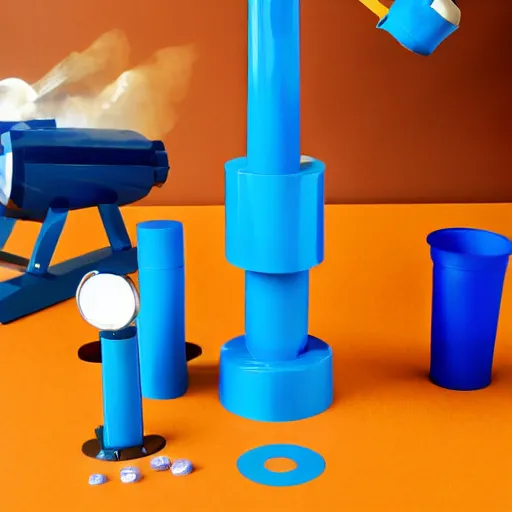 Prompt: blue goldberg machine containing a rocket and an orange