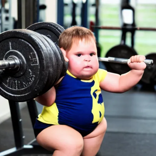 Image similar to a morbidly obese toddler lifting weights at the gym